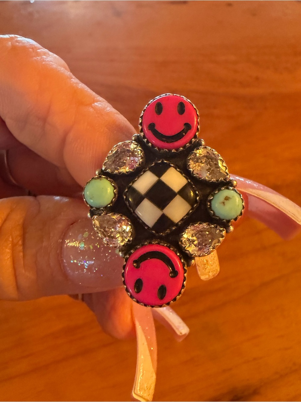 Sterling turquoise, cz, MOP, black onyx, Pink Smiley ring adjustable - Picture 1 of 1